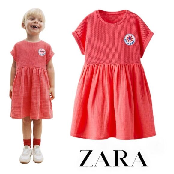 ZARA Kids | Coral Red | COMBINATION EMBROIDERED DRESS - Picture 1 of 6